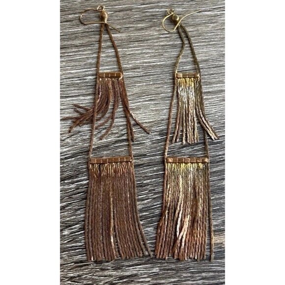 Vintage Copper Rose Gold Long Tassle Multi Start and Dangle Earrings White Stone - Picture 7 of 8
